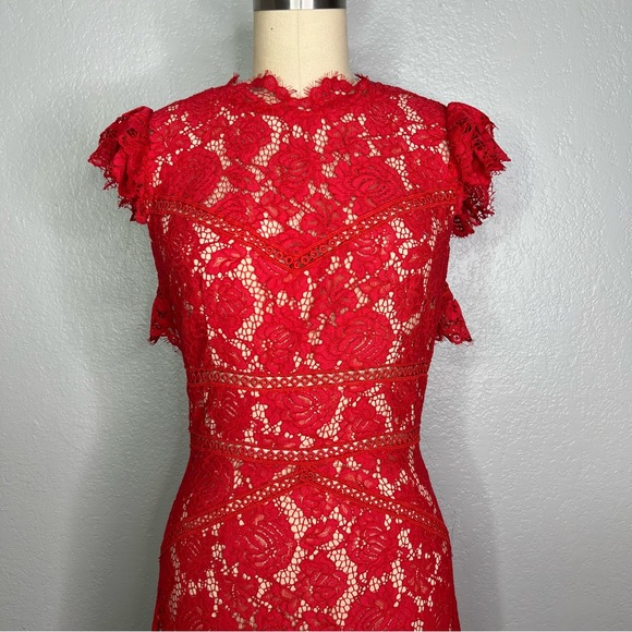 SAYLOR Lace High Neck Ruffled Trumpet Midi Dress Medium - Picture 7 of 14